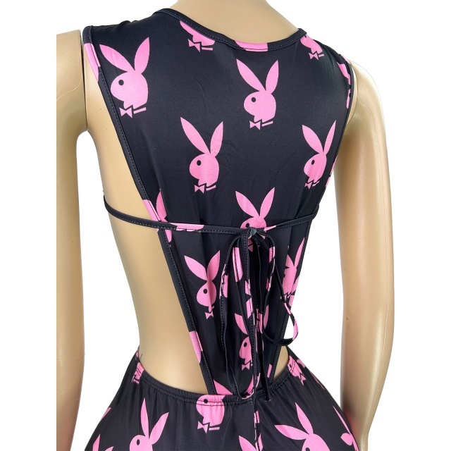 Rabbit Printed Hollow Out Bodysuit Two Pieces Short Set