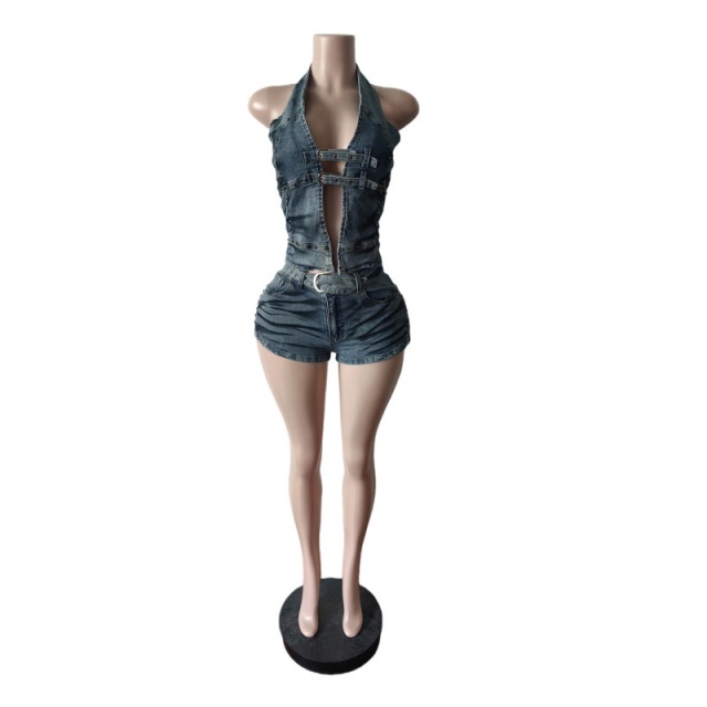 Split Front Denim Halter Top Shorts Set