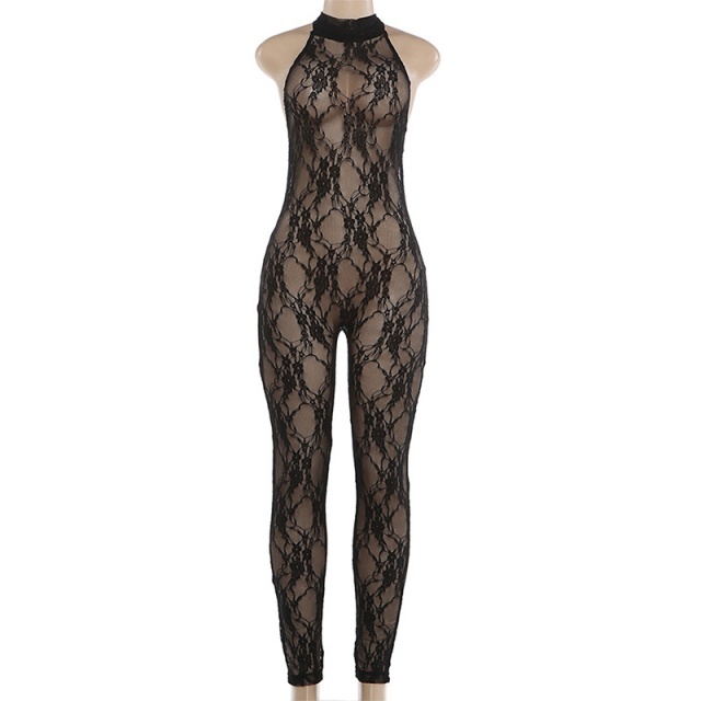 See Through Lace Halter Neck Backless Jumpsuit