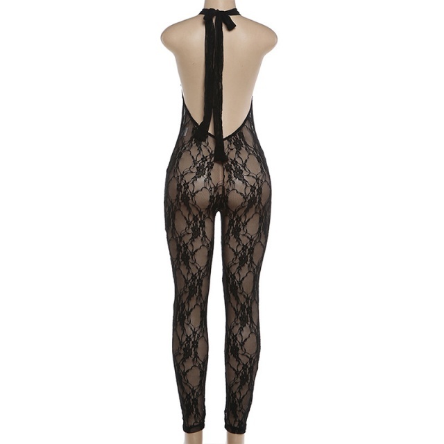See Through Lace Halter Neck Backless Jumpsuit