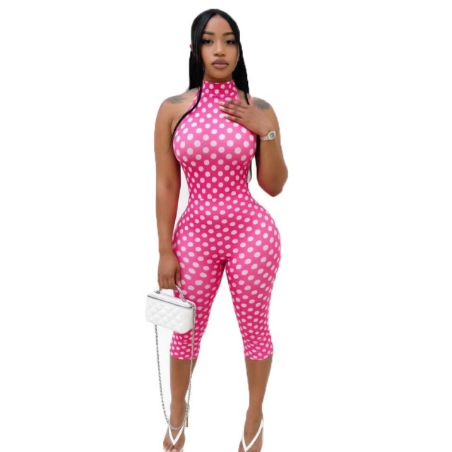 Polka Dot Print Halter Neck Slim-fit Jumpsuit