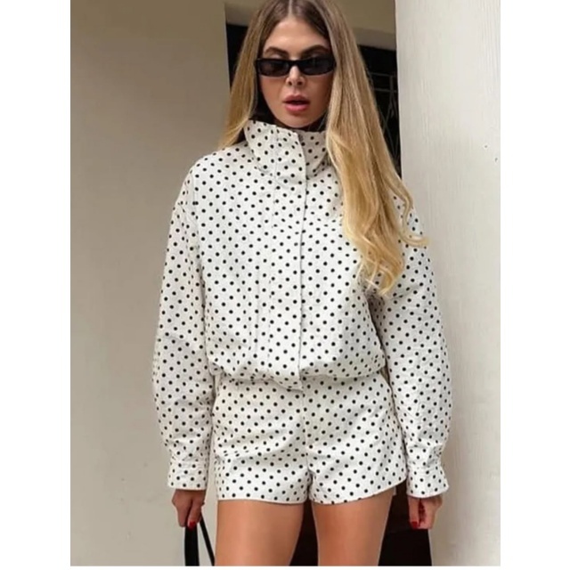 Polka Dot Printed Jacket Top Two Pieces Short Set