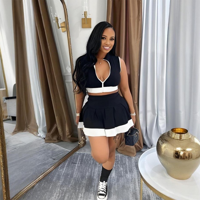 Sleeveless Zipper Up Crop Top Mini Skirt Set