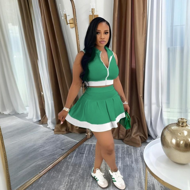 Sleeveless Zipper Up Crop Top Mini Skirt Set