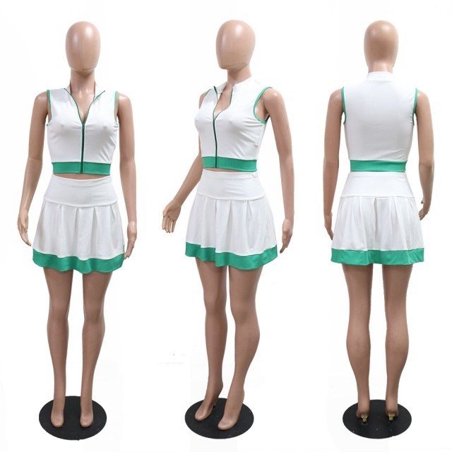 Sleeveless Zipper Up Crop Top Mini Skirt Set