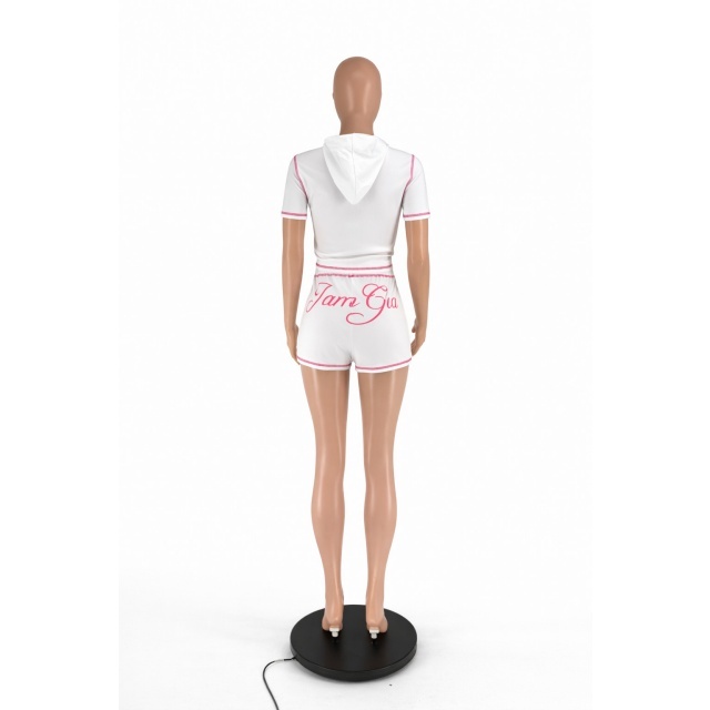 Letters Printed Short Sleeve Hooded Top Two Pieces Set