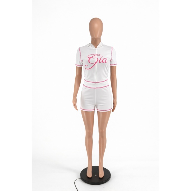 Letters Printed Short Sleeve Hooded Top Two Pieces Set