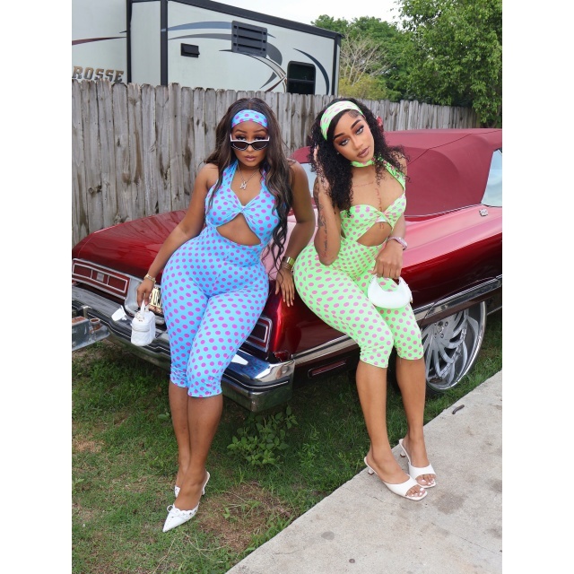 Polka Dot Print Hollow Out Slim Jumpsuit with Headscarf