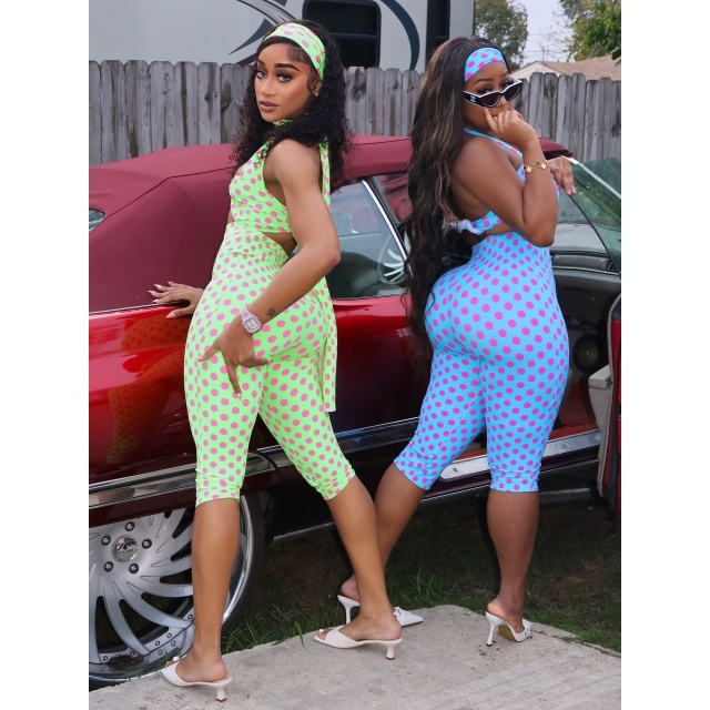 Polka Dot Print Hollow Out Slim Jumpsuit with Headscarf