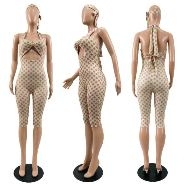 Polka Dot Print Hollow Out Slim Jumpsuit with Headscarf