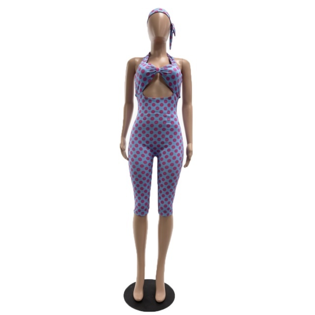 Polka Dot Print Hollow Out Slim Jumpsuit with Headscarf