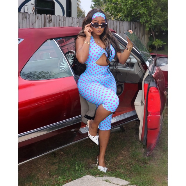 Polka Dot Print Hollow Out Slim Jumpsuit with Headscarf