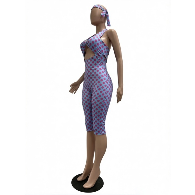 Polka Dot Print Hollow Out Slim Jumpsuit with Headscarf