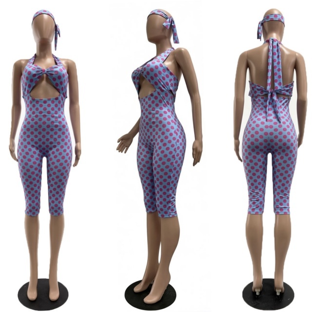 Polka Dot Print Hollow Out Slim Jumpsuit with Headscarf