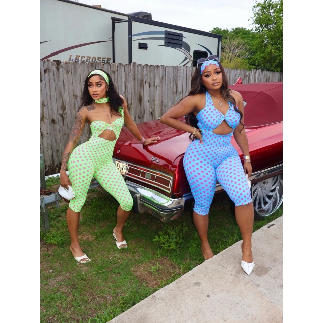 Polka Dot Print Hollow Out Slim Jumpsuit with Headscarf