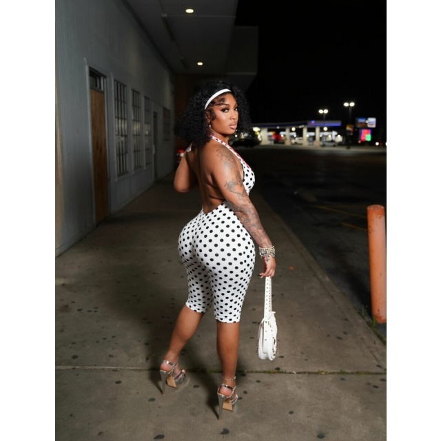 Polka Dot Print V Neck Halter Slim Fit Jumpsuit