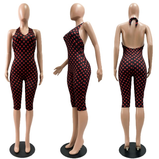 Polka Dot Print V Neck Halter Slim Fit Jumpsuit