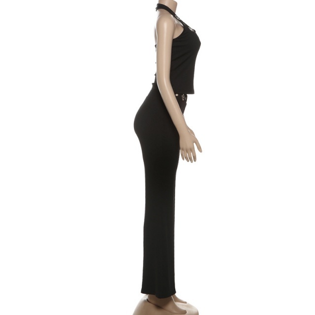 Hollow Out Halter Neck Top Flare Pant Set