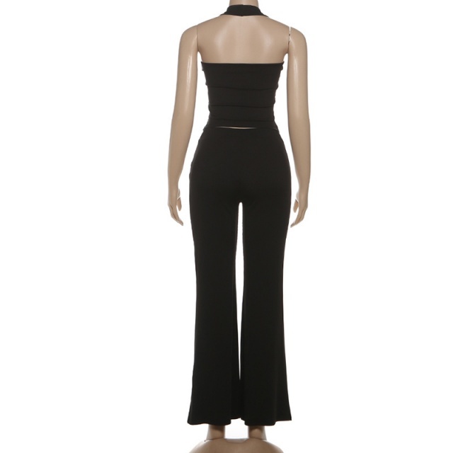 Hollow Out Halter Neck Top Flare Pant Set