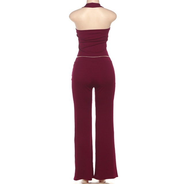 Hollow Out Halter Neck Top Flare Pant Set