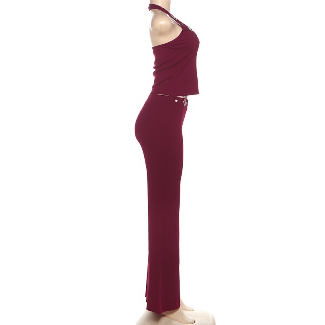 Hollow Out Halter Neck Top Flare Pant Set