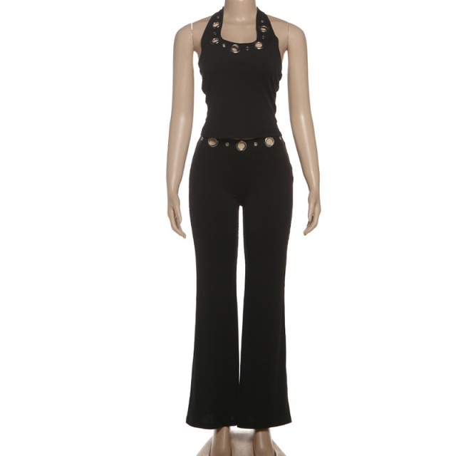 Hollow Out Halter Neck Top Flare Pant Set