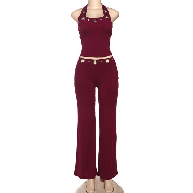 Hollow Out Halter Neck Top Flare Pant Set