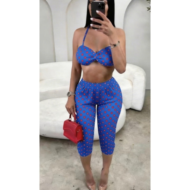 Dots Printed Halter Neck Top Skinny Cropped Pant Set