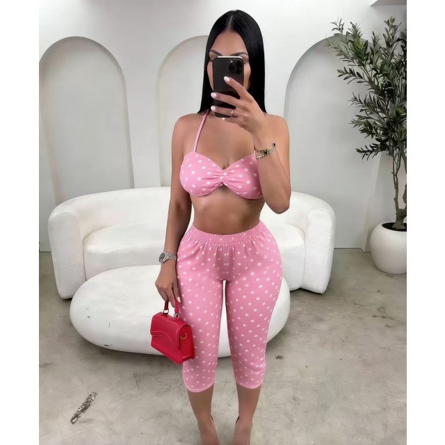 Dots Printed Halter Neck Top Skinny Cropped Pant Set