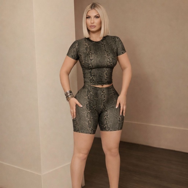 Snake Skin Printed Short Sleeve Two Pieces Set