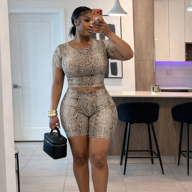 Snake Skin Printed Short Sleeve Two Pieces Set