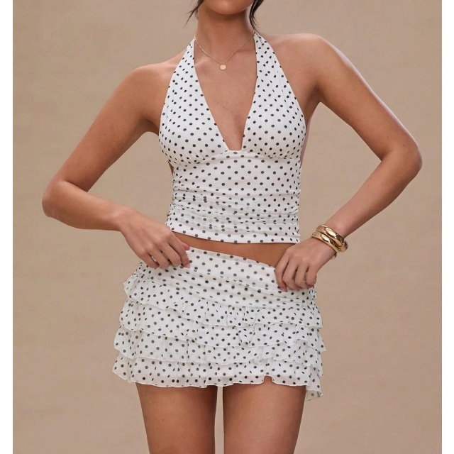 Dots Printed Halter Neck Crop Top Ruffled Skirt Set