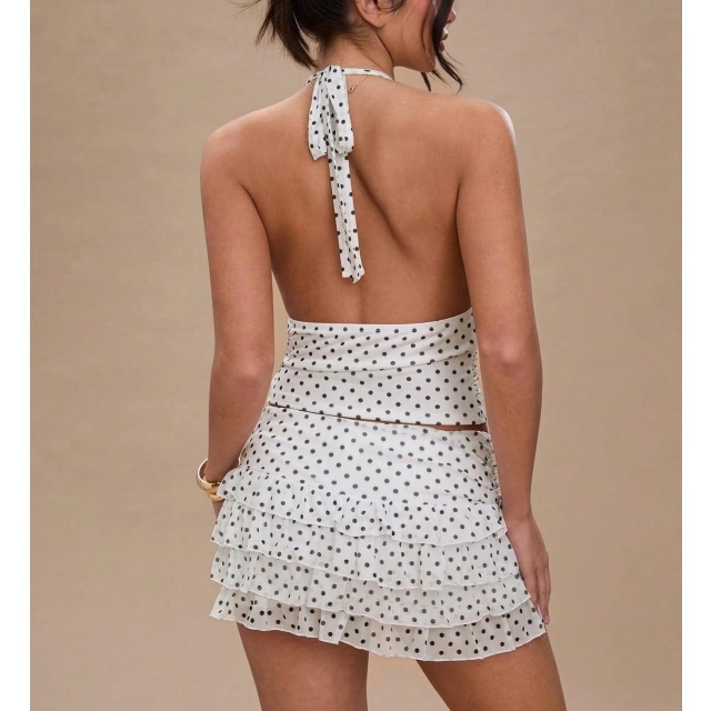Dots Printed Halter Neck Crop Top Ruffled Skirt Set