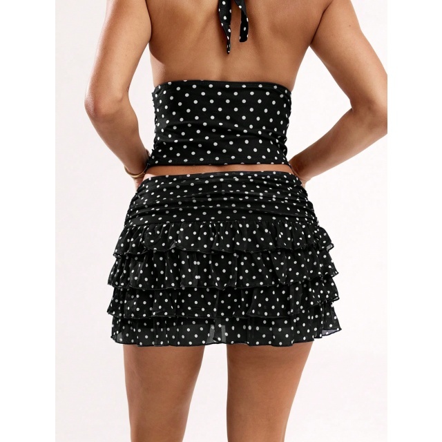 Dots Printed Halter Neck Crop Top Ruffled Skirt Set