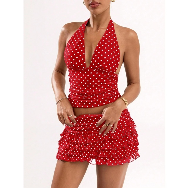 Dots Printed Halter Neck Crop Top Ruffled Skirt Set