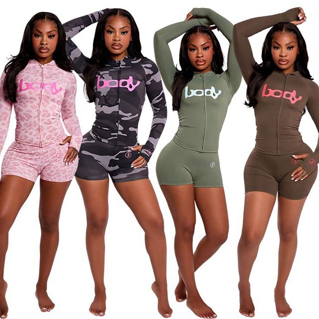 Long Sleeve Hooded Top Two Pieces Short Set