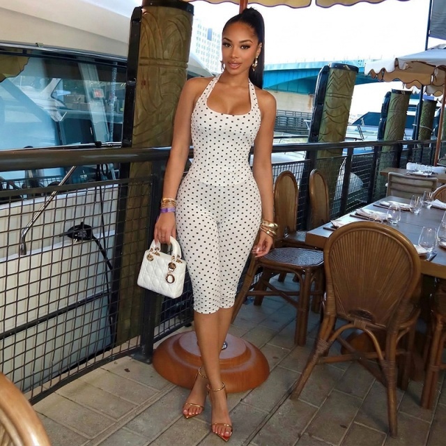 Polka Dots Printed Halter Neck Top Midi Pant Set