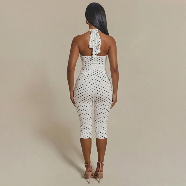 Polka Dots Printed Halter Neck Top Midi Pant Set