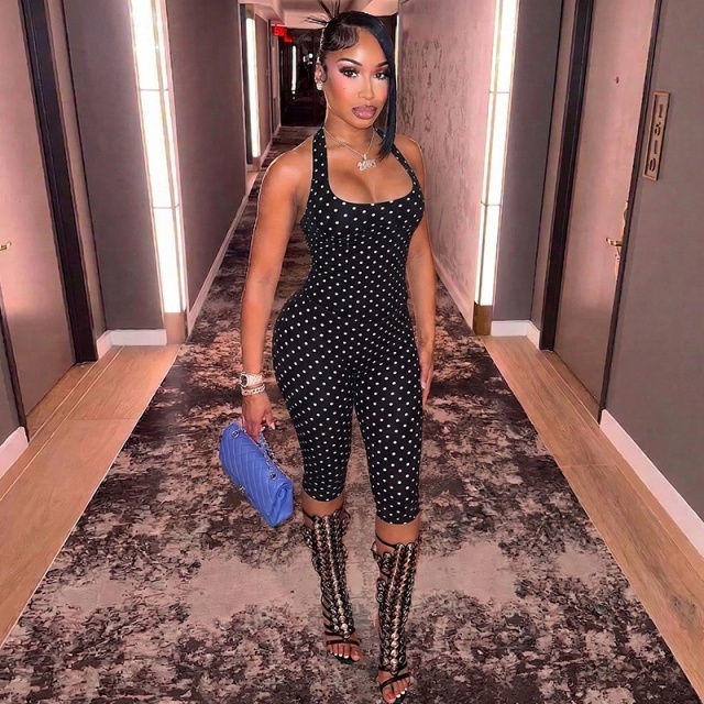 Polka Dots Printed Halter Neck Top Midi Pant Set