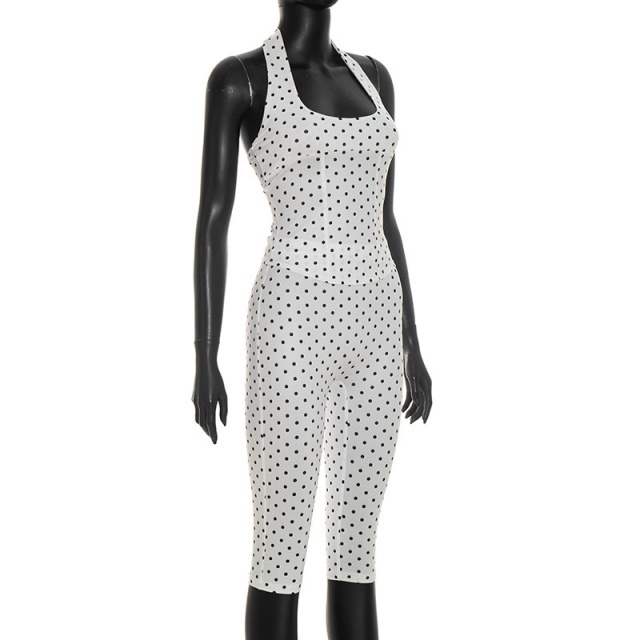 Polka Dots Printed Halter Neck Top Midi Pant Set