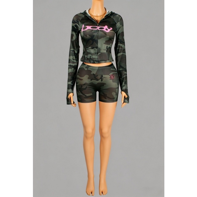 Long Sleeve Hooded Top Two Pieces Short Set