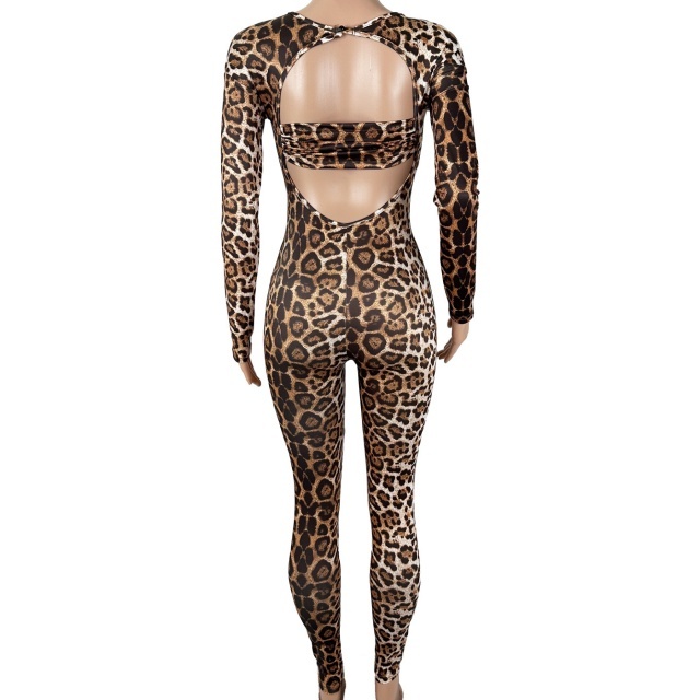 Leopard Printed Long Sleeve Hollow Out Jumpsuit