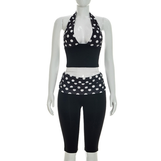 Dots Printed Halter Neck Top Midi Pant Set
