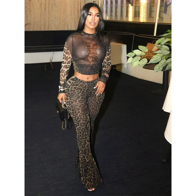 Mesh Leopard Print Bell Pants Set
