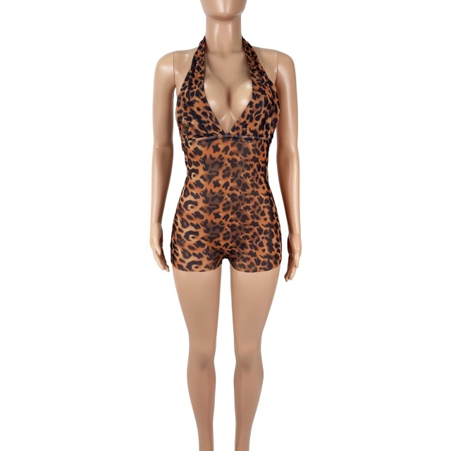 Deep V Backless Halter Neck Leopard Print Romper