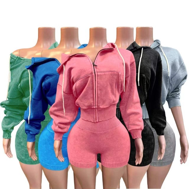 Washed Distressed Slim Shorts Set