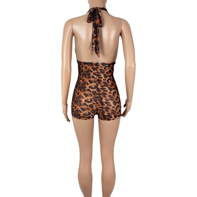 Deep V Backless Halter Neck Leopard Print Romper