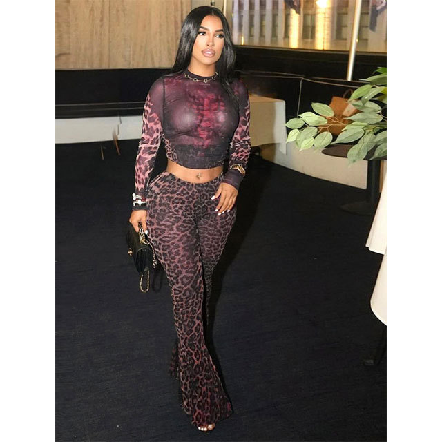 Mesh Leopard Print Bell Pants Set