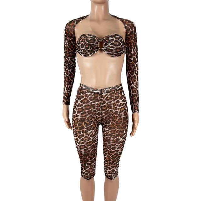 Mesh Leopard Print 3 Piece Short Set