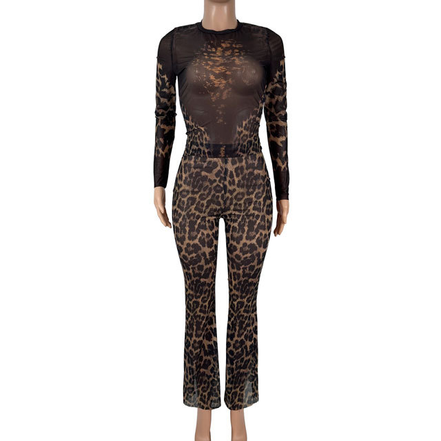 Mesh Leopard Print Bell Pants Set